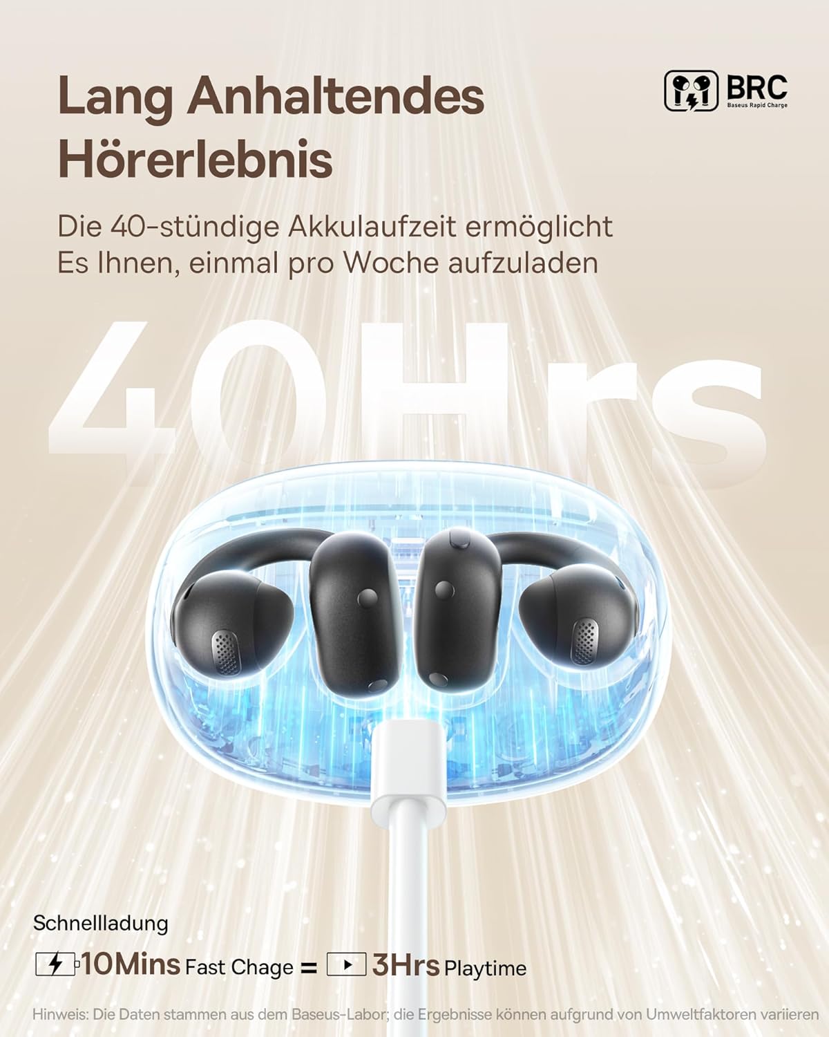 Lang Anhaltendes
Hörerlebnis
Die 40-stündige Akkulaufzeit ermöglicht
Es Ihnen, einmal pro Woche aufzuladen