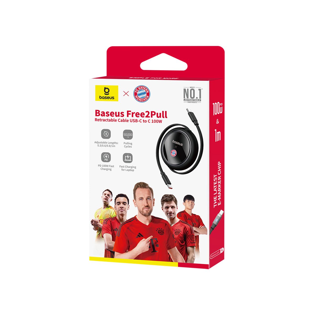 Baesus FC Bayern Free2Pull Mini Einziehbares USB-C Kabel 100W